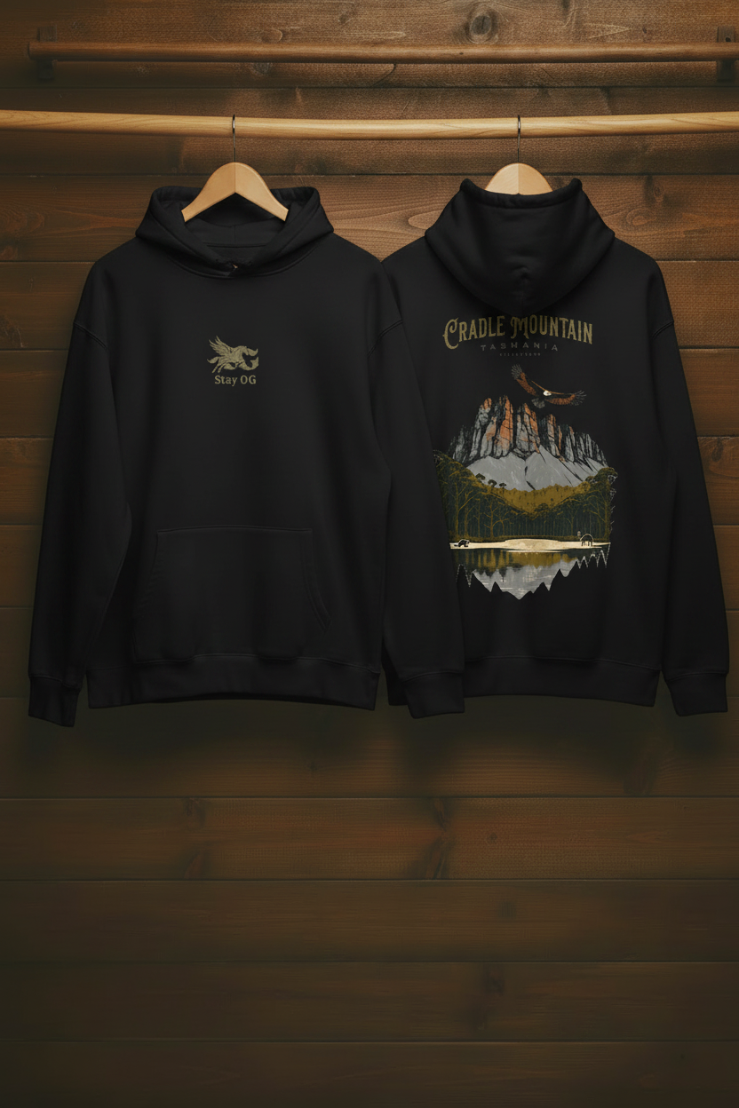 Cradle Mountain Hoodie Black — Light Oak Wood Rail