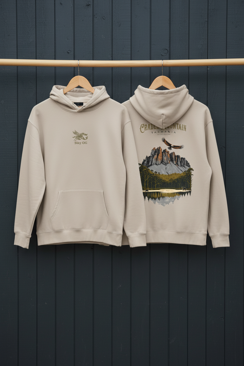 Cradle Mountain Hoodie Bone — True Charcoal Wood Wall