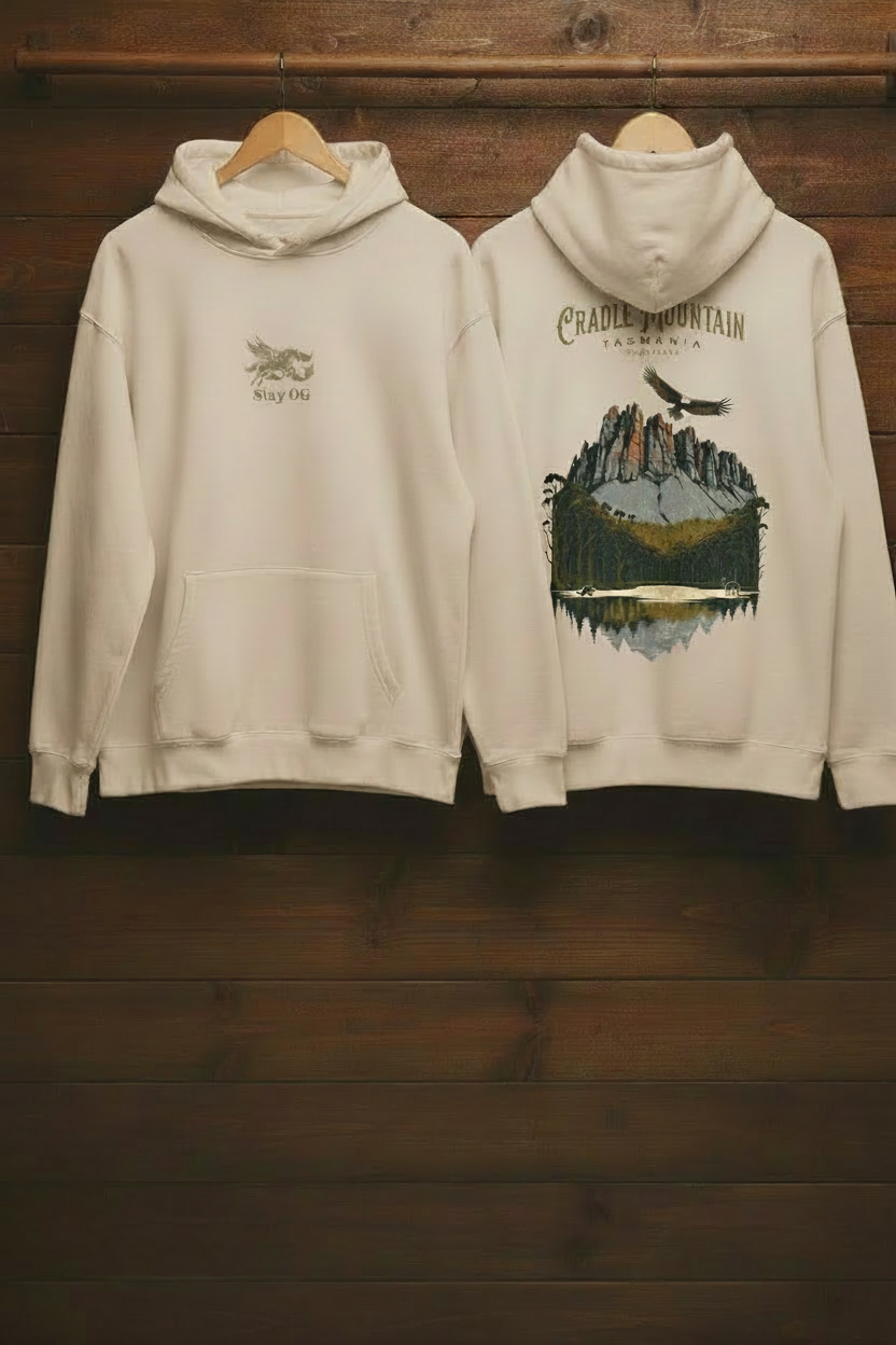 Cradle Mountain Hoodie Butter — Dark Wood Rail Reference Style