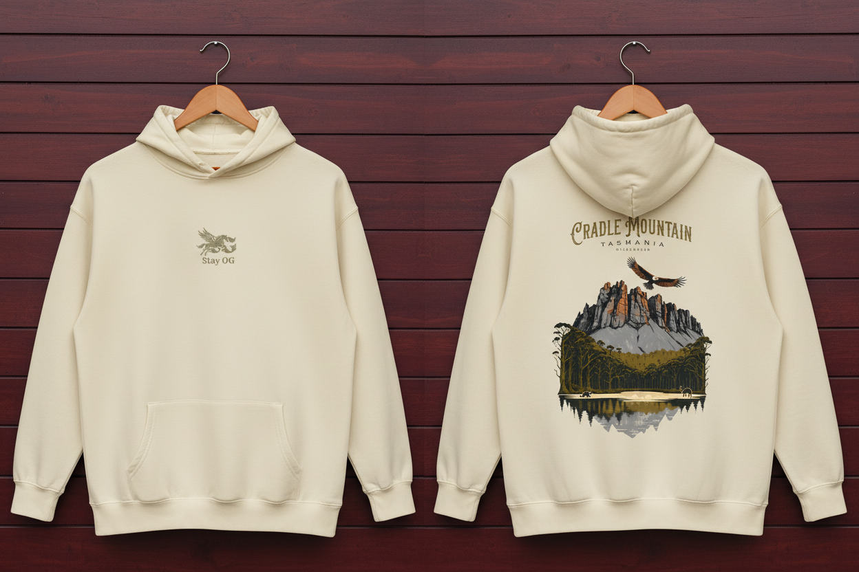 Cradle Mountain Hoodie Butter — Polished Maroon Wall Mockup