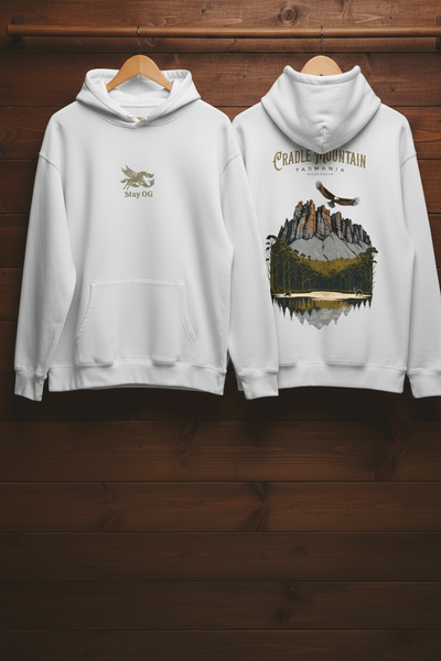 Cradle Mountain Hoodie White — Dark Wood Rail Portrait