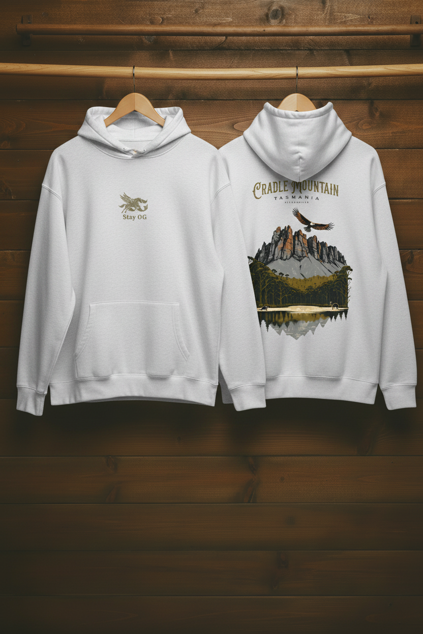 Cradle Mountain Hoodie White Marle — Light Oak Wood Rail