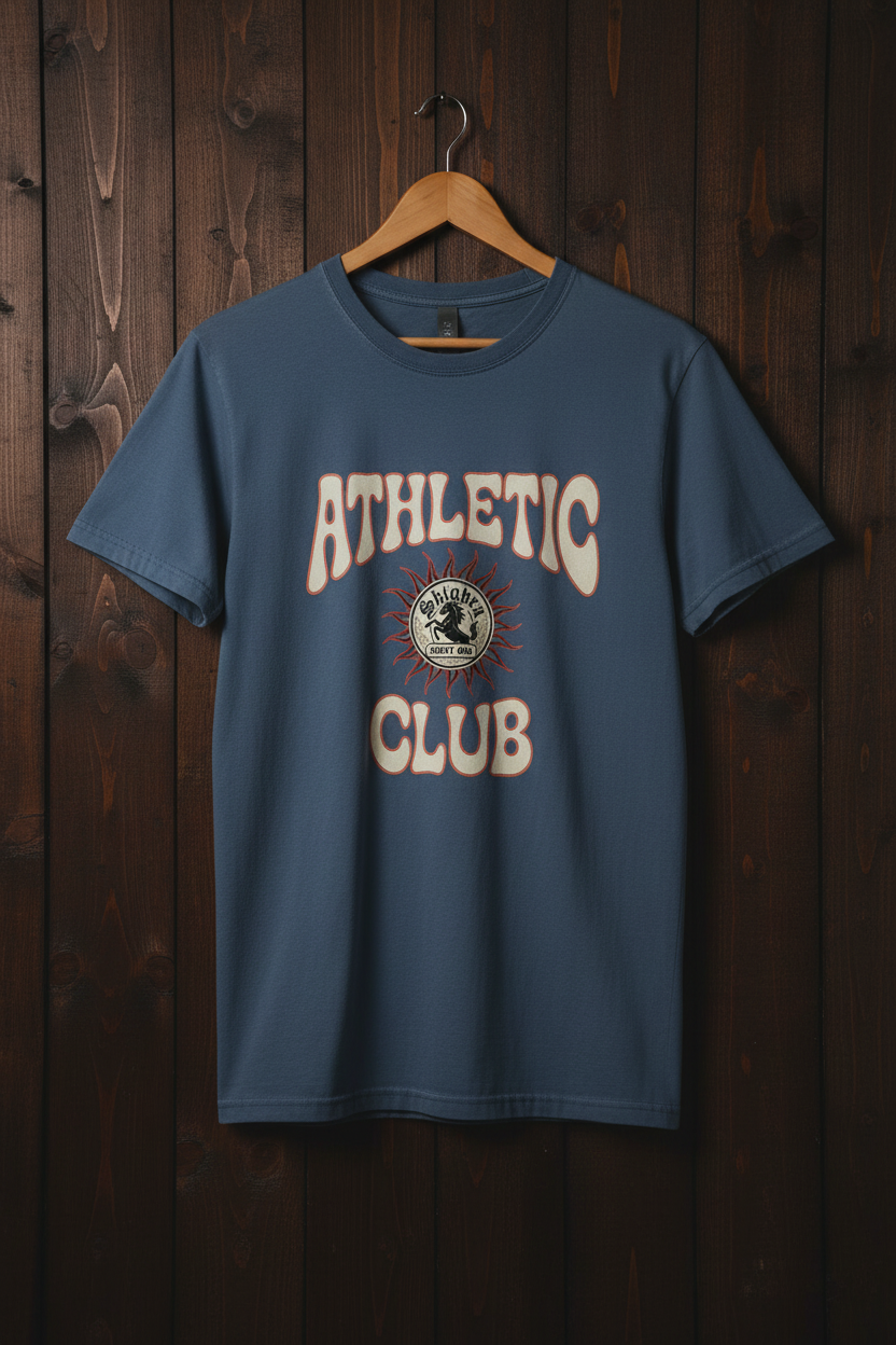Faded Blue Tee on Dark Wood