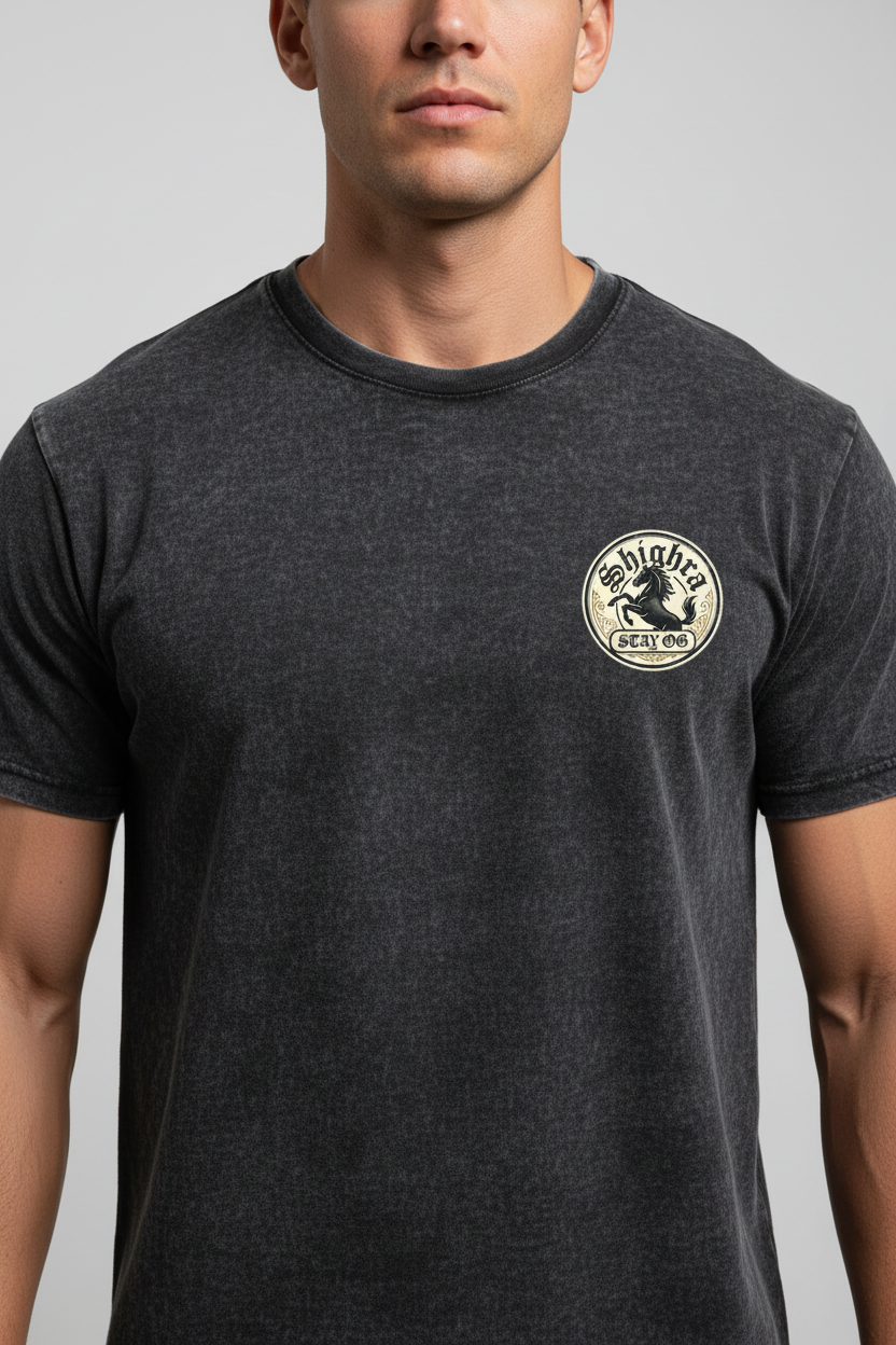 Muscular model with clear Shighra logo on stonewash tee
