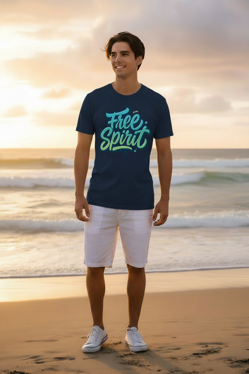 Navy Free Spirit tee on beach model