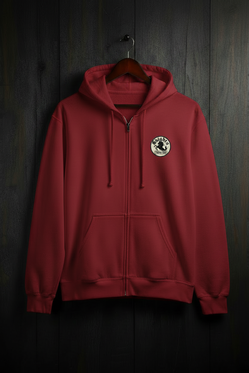 Red Zip Hoodie – Dark Wood Portrait