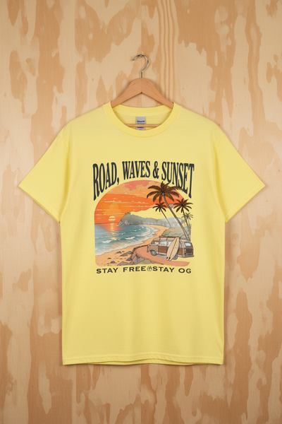 Road Waves Sunset — Cornsilk on Light Wood