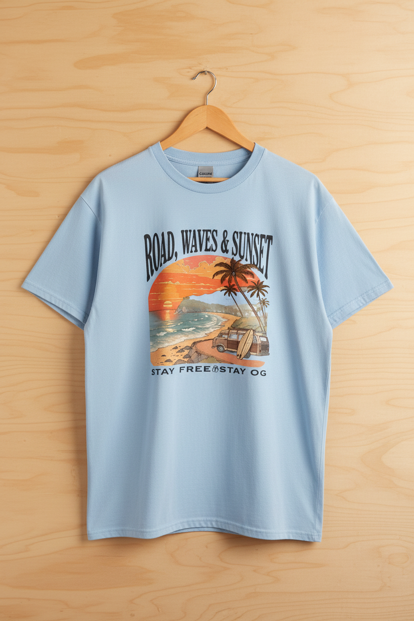 Road Waves Sunset — Light Blue on Light Wood