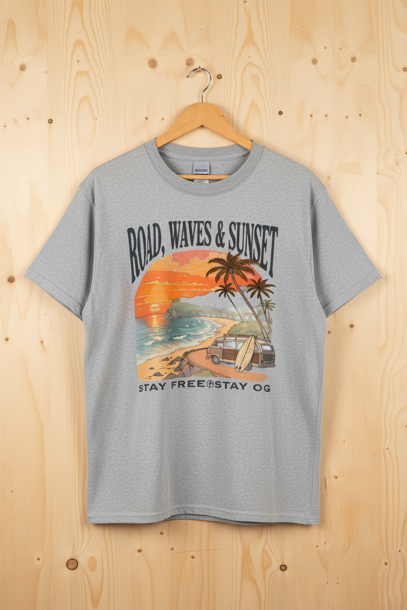 Road Waves Sunset — Sport Grey on Light Wood