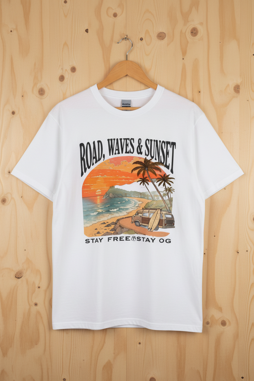 Road Waves Sunset — White on Light Wood