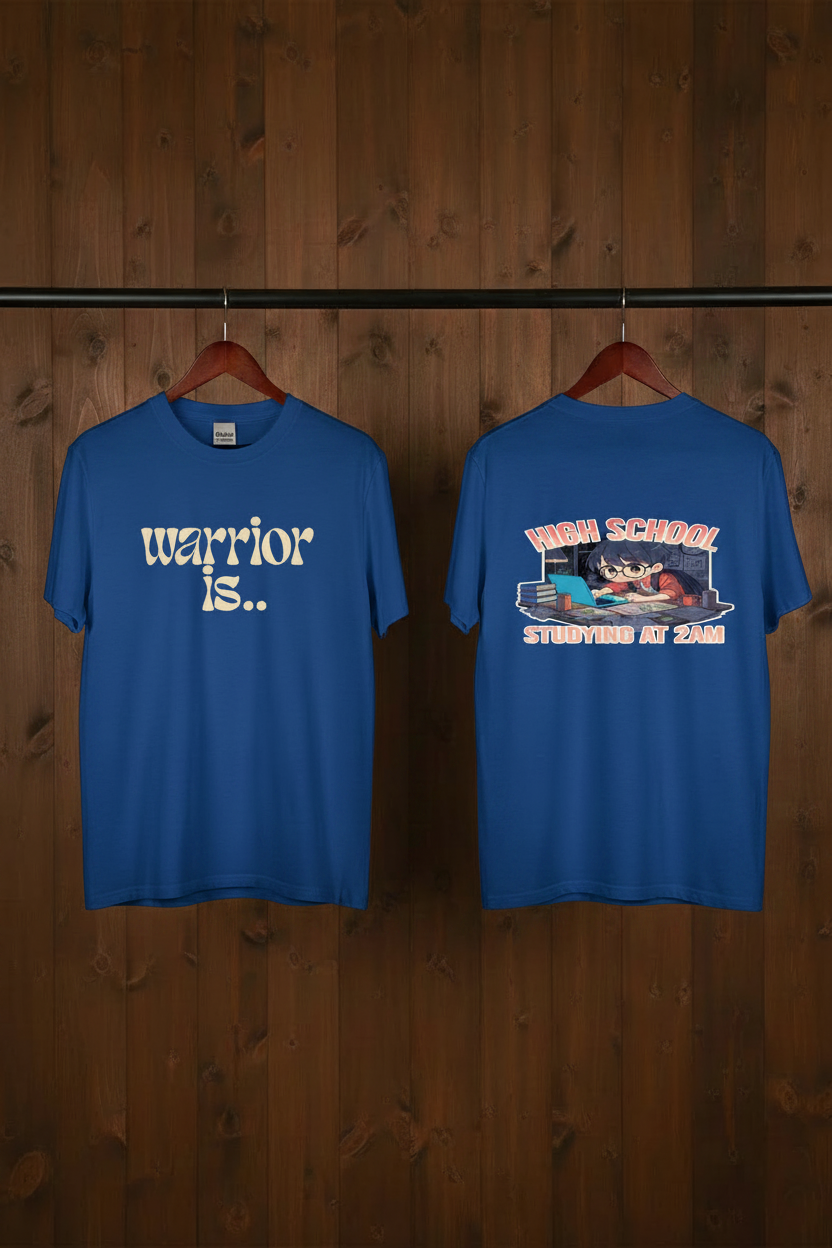 Royal Blue Tees - Front & Back on Dark Wood Rack