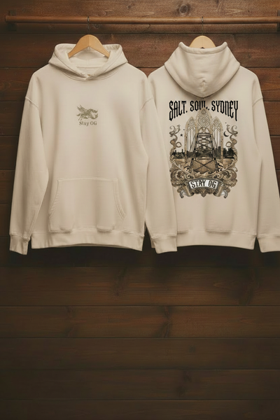Salt Soul Sydney Bone Hoodie — Dark Wood Rail Reference Style