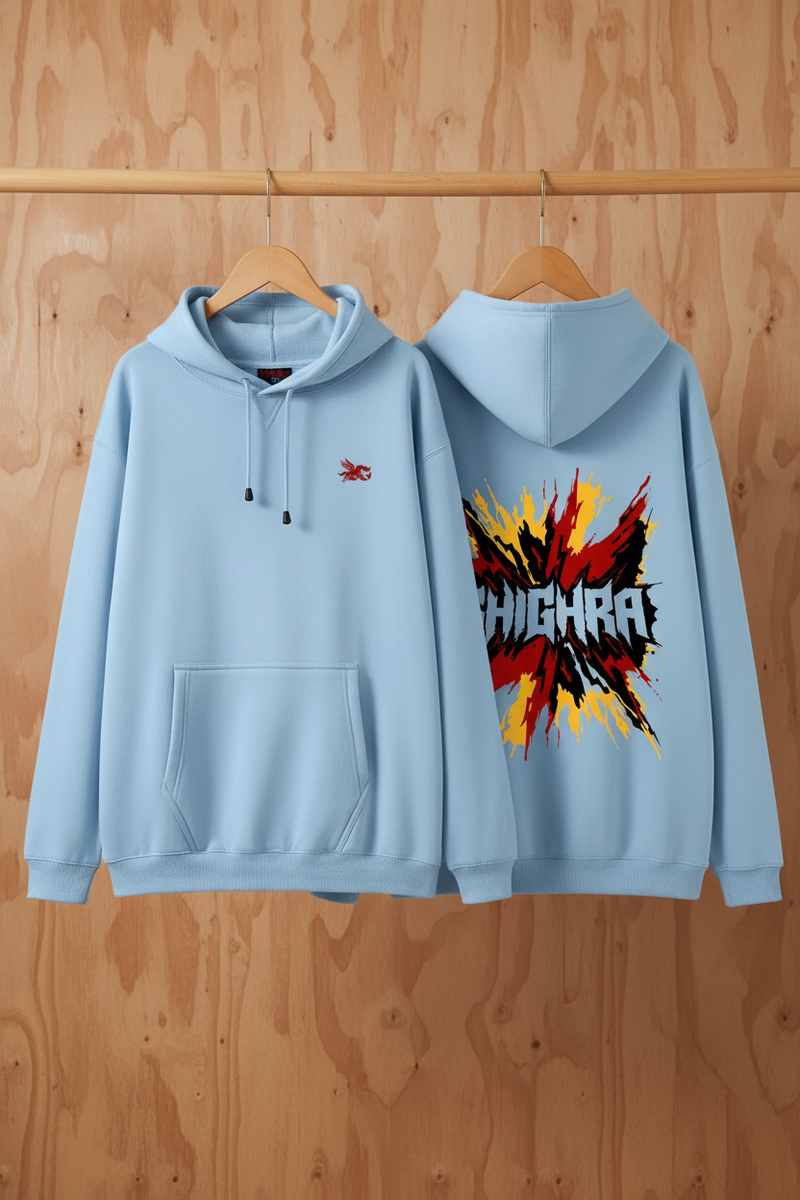 Shighra Hoodie — Sky Blue Front & Back on Wood
