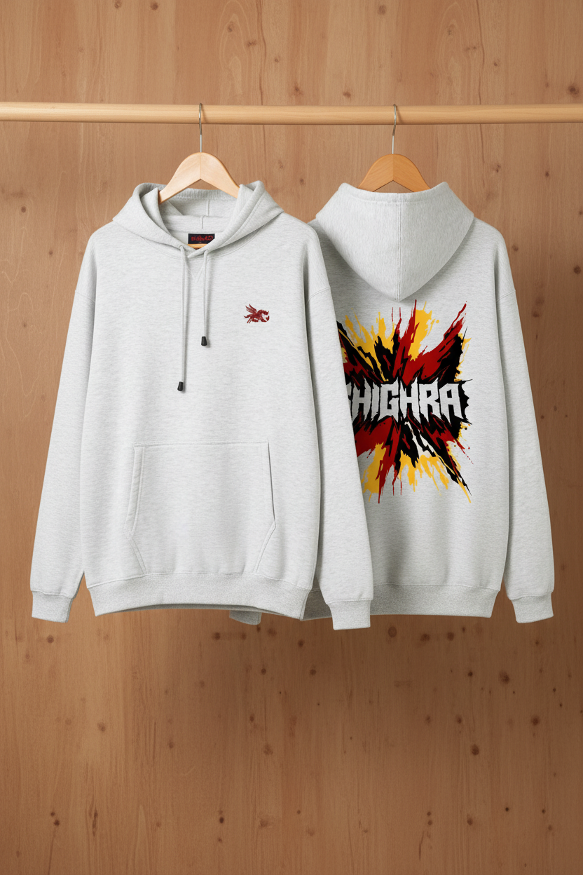 Shighra Hoodie — Snow Marle Front & Back on Wood
