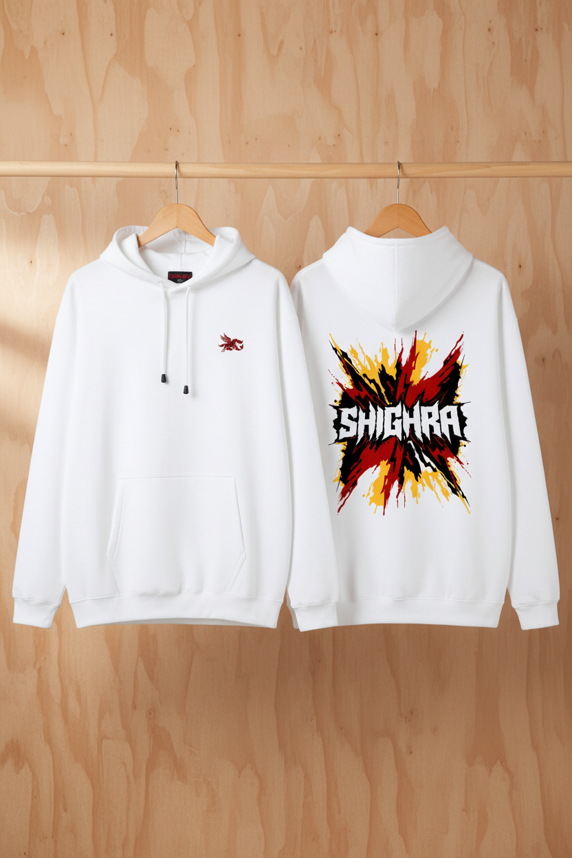 Shighra Hoodie — White Front & Back Full Graphic