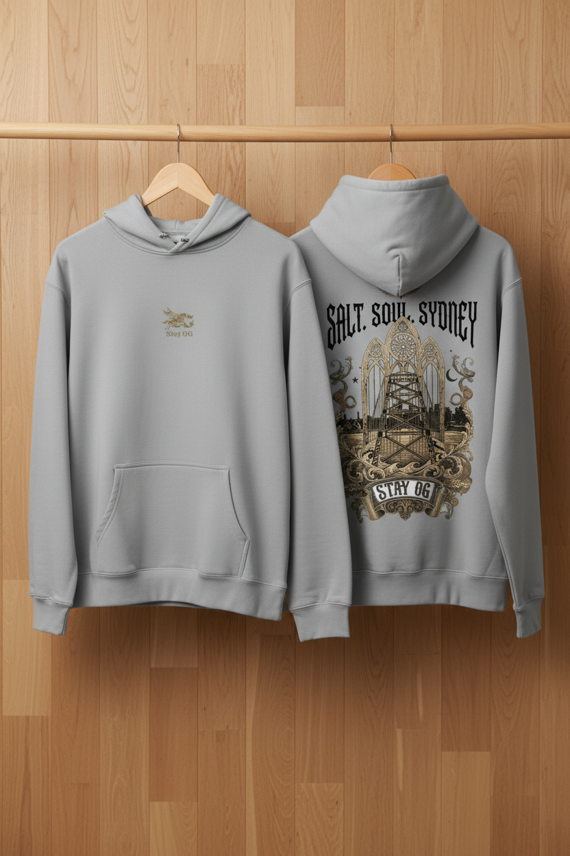 Storm Grey Hoodie - Light Wood Wall Portrait