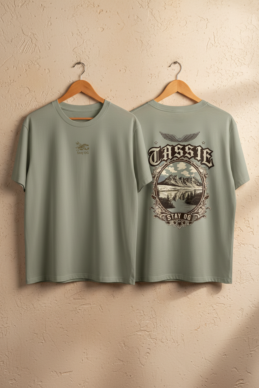 Tassie Stay OG Tee — Eucalyptus Hanger Shot