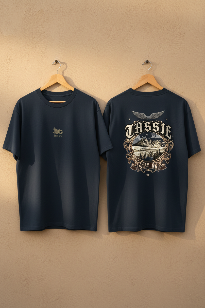 Tassie Stay OG Tee — Navy Hanger Shot