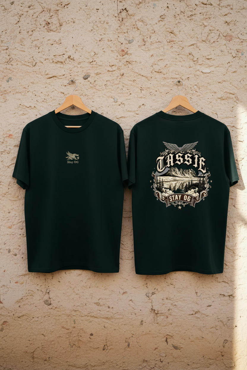 Tassie Stay OG Tee — Pine Green Hanger Shot