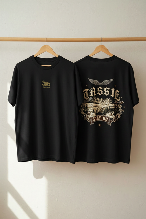 Tassie Tee Black — Neutral Wall Portrait